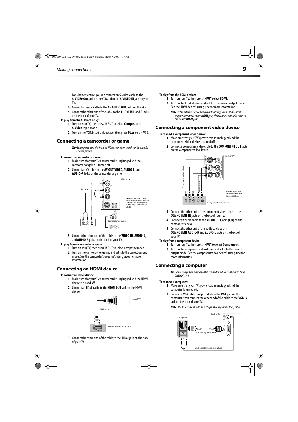 Connecting a camcorder or game, Connecting an hdmi device, Connecting a component video device | Connecting a computer, Connecting an hdmi device” on, Connecting a component video device” on, Making connections | Dynex DX-LDVD22-10A User Manual | Page 13 / 32