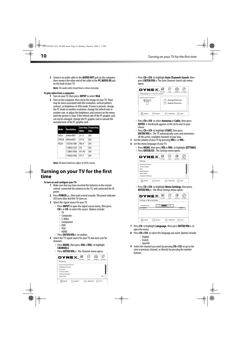 Turning on your tv for the first time, Vol - ch+ ch- vol | Dynex DX-LDVD22-10A User Manual | Page 14 / 32