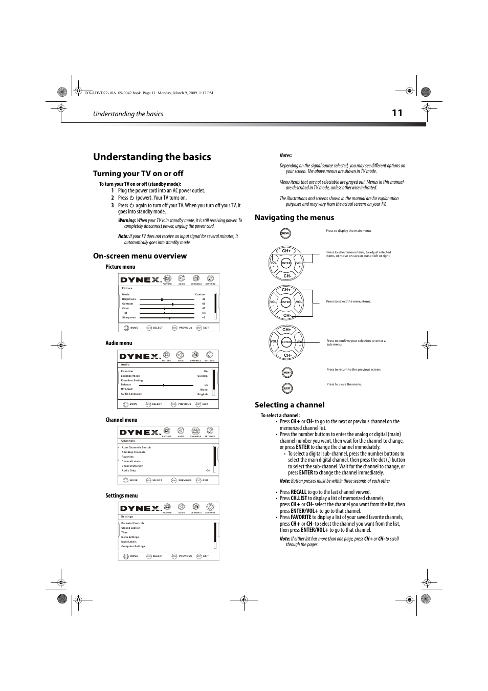 Understanding the basics, Turning your tv on or off, On-screen menu overview | Navigating the menus, Selecting a channel, 11 understanding the basics, Navigating the menus selecting a channel, Vol - ch+ ch- vol, Picture menu audio menu channel menu settings menu | Dynex DX-LDVD22-10A User Manual | Page 15 / 32