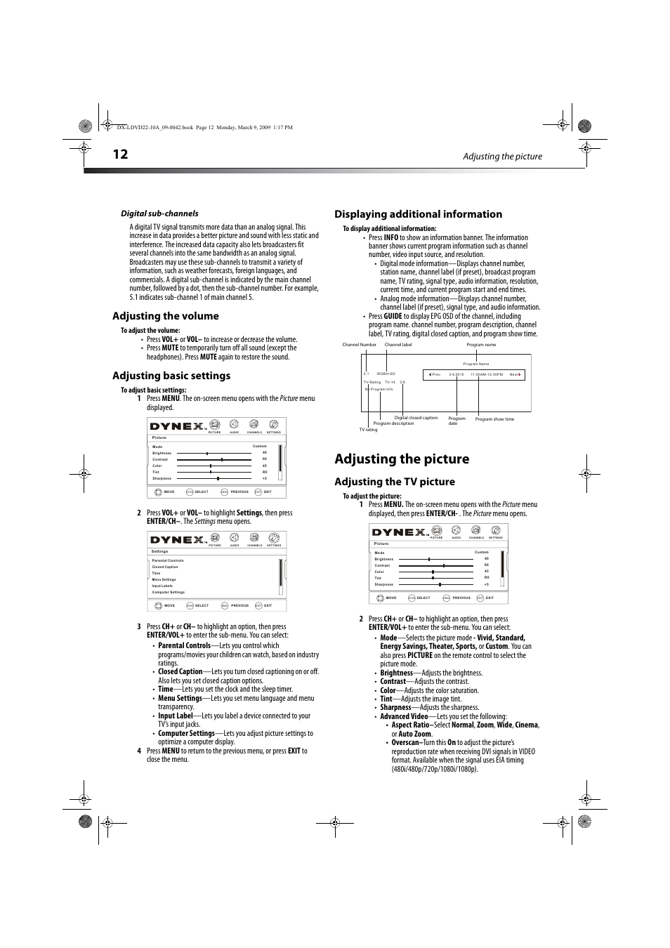 Digital sub-channels, Adjusting the volume, Adjusting basic settings | Displaying additional information, Adjusting the picture, Adjusting the tv picture, Vol - ch+ ch- vol | Dynex DX-LDVD22-10A User Manual | Page 16 / 32