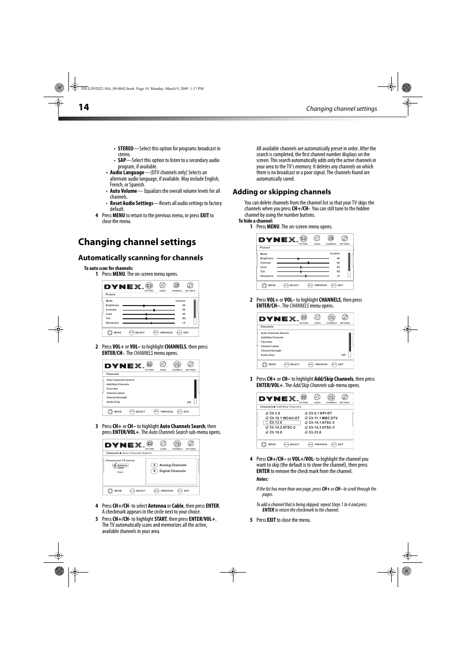 Changing channel settings, Automatically scanning for channels, Adding or skipping channels | Vol - ch+ ch- vol, 5 press exit to close the menu | Dynex DX-LDVD22-10A User Manual | Page 18 / 32