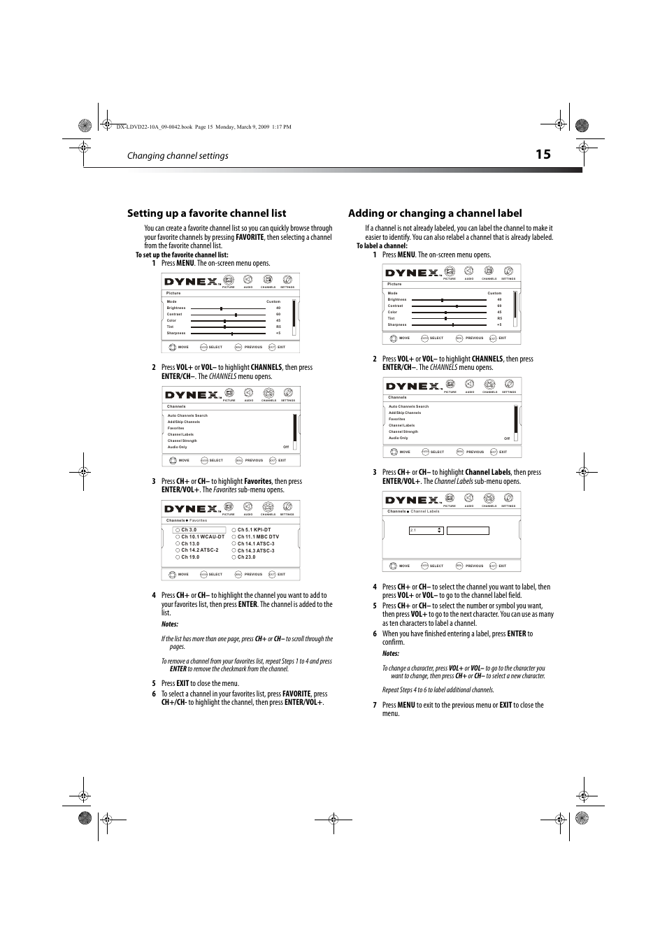 Setting up a favorite channel list, Adding or changing a channel label, E “setting up a favorite channel list | Ge 15, Vol - ch+ ch- vol, Changing channel settings | Dynex DX-LDVD22-10A User Manual | Page 19 / 32