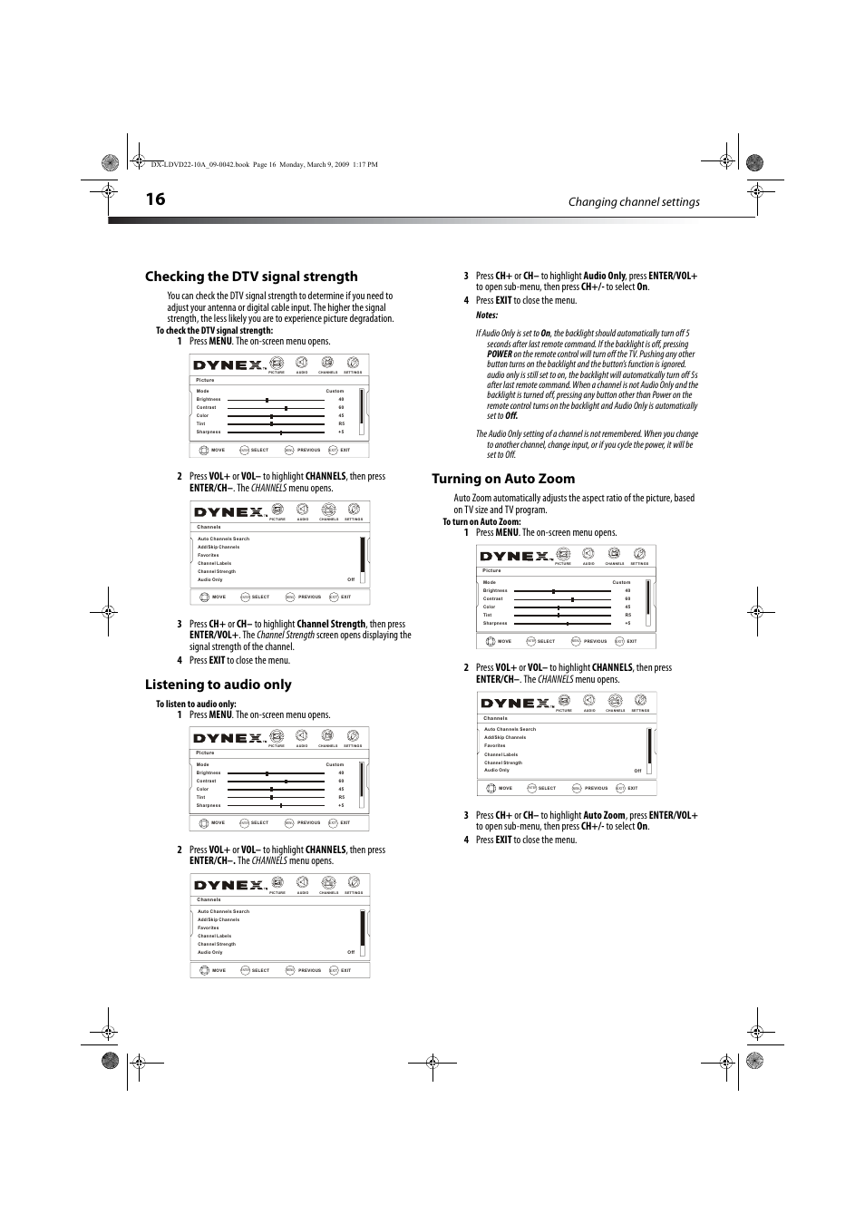 Checking the dtv signal strength, Listening to audio only, Turning on auto zoom | Vol - ch+ ch- vol, Changing channel settings | Dynex DX-LDVD22-10A User Manual | Page 20 / 32