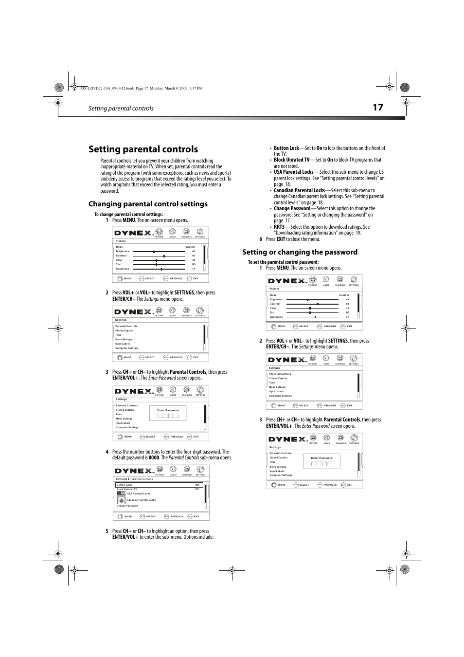 Setting parental controls, Changing parental control settings, Setting or changing the password | 17 setting parental controls, Vol - ch+ ch- vol | Dynex DX-LDVD22-10A User Manual | Page 21 / 32