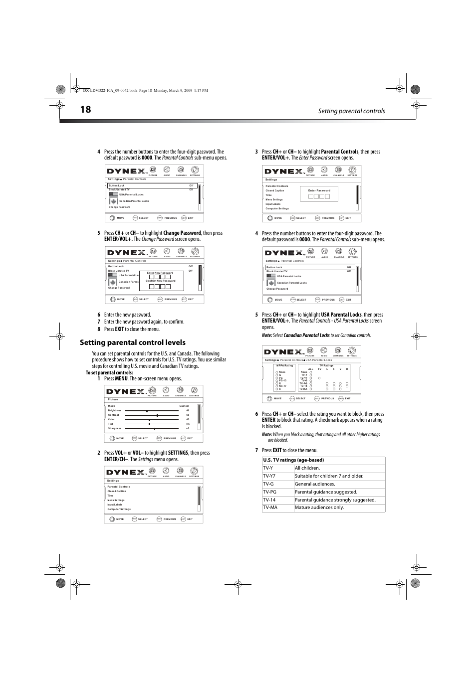 Setting parental control levels, E “setting parental control levels, Ge 18 | Vol - ch+ ch- vol, Setting parental controls, 7 press exit to close the menu | Dynex DX-LDVD22-10A User Manual | Page 22 / 32