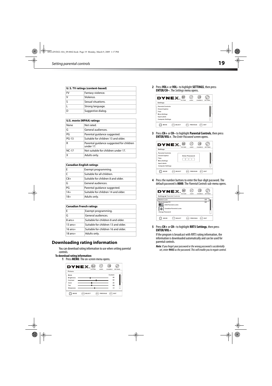 Downloading rating information, Ge 19, Vol - ch+ ch- vol | Setting parental controls | Dynex DX-LDVD22-10A User Manual | Page 23 / 32