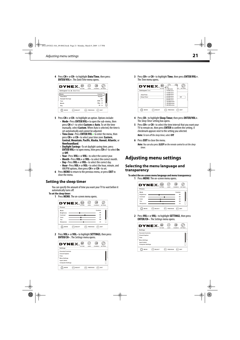 Setting the sleep timer, Adjusting menu settings, Selecting the menu language and transparency | Vol - ch+ ch- vol, 6 press exit to close the menu | Dynex DX-LDVD22-10A User Manual | Page 25 / 32