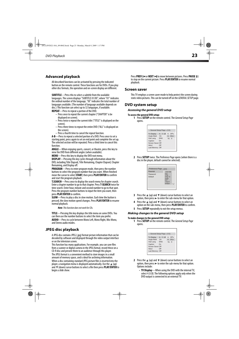 Advanced playback, Jpeg disc playback, Screen saver | Dvd system setup, Accessing the general dvd setup, Making changes to the general dvd setup, Dvd playback | Dynex DX-LDVD22-10A User Manual | Page 27 / 32