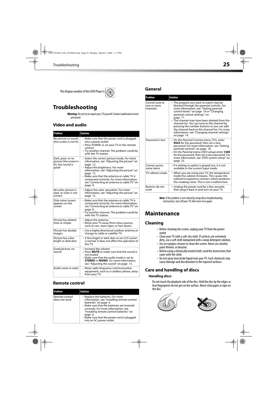 Troubleshooting, Video and audio, Remote control | General, Maintenance, Cleaning, Care and handling of discs, Handling discs, Video and audio remote control general, Cleaning care and handling of discs | Dynex DX-LDVD22-10A User Manual | Page 29 / 32