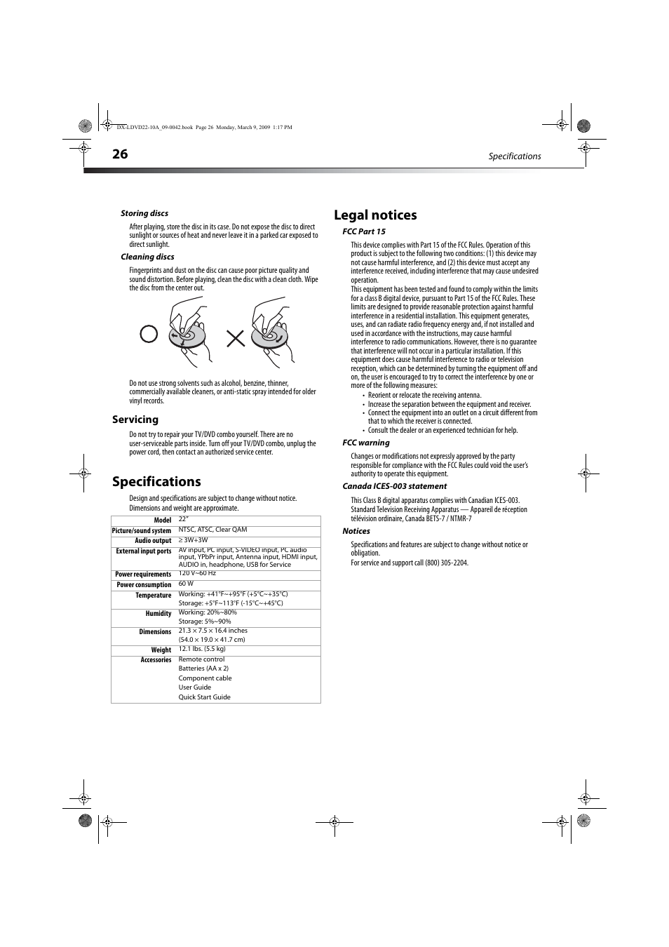 Storing discs, Cleaning discs, Servicing | Specifications, Legal notices, Fcc part 15, Fcc warning, Canada ices-003 statement, Notices | Dynex DX-LDVD22-10A User Manual | Page 30 / 32