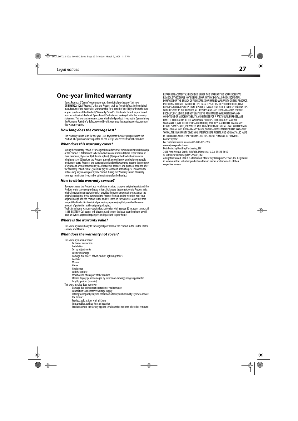 How long does the coverage last, What does this warranty cover, How to obtain warranty service | Where is the warranty valid, What does the warranty not cover, One-year limited warranty, 27 one-year limited warranty | Dynex DX-LDVD22-10A User Manual | Page 31 / 32