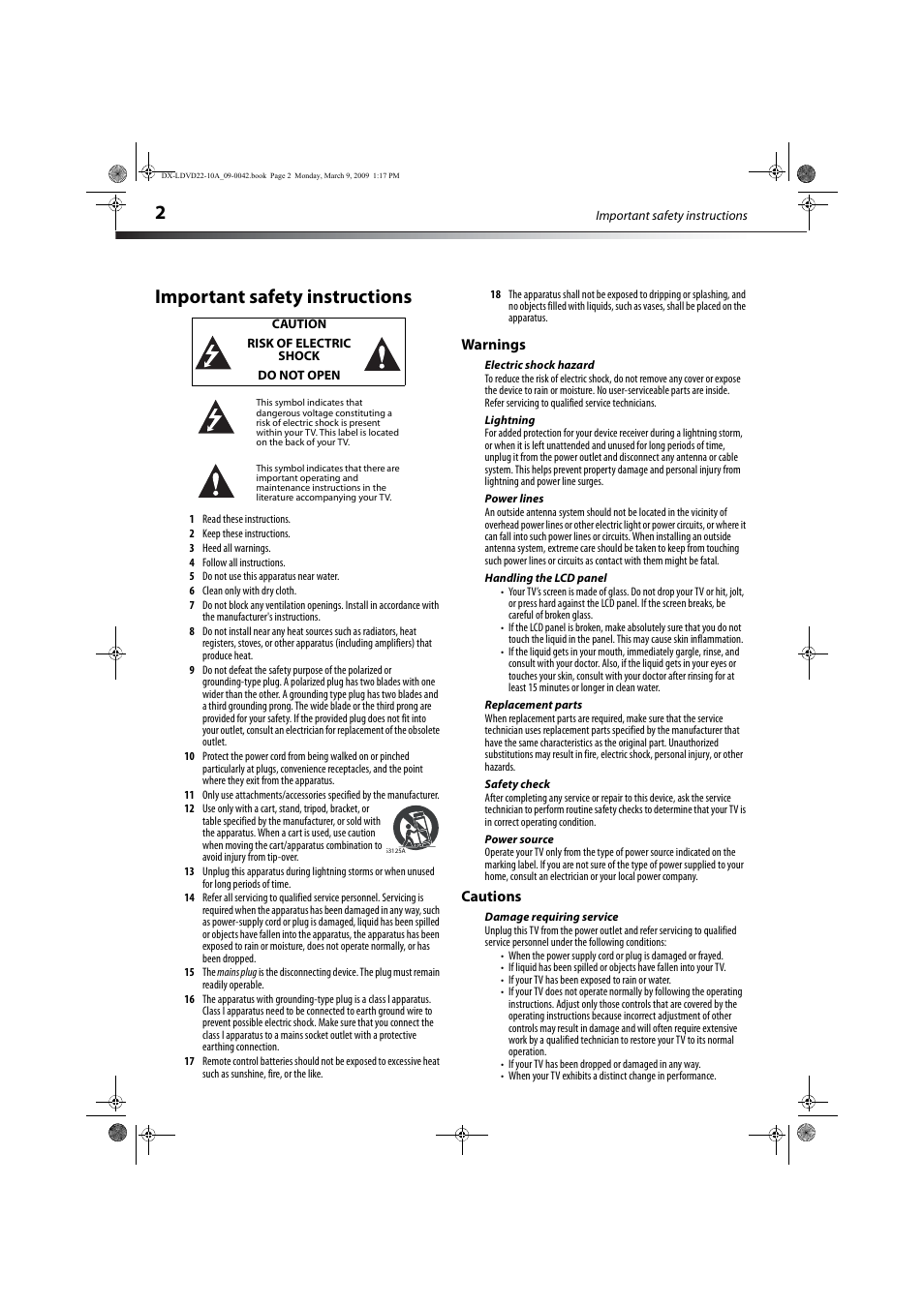 Important safety instructions, Warnings, Electric shock hazard | Lightning, Power lines, Handling the lcd panel, Replacement parts, Safety check, Power source, Cautions | Dynex DX-LDVD22-10A User Manual | Page 6 / 32