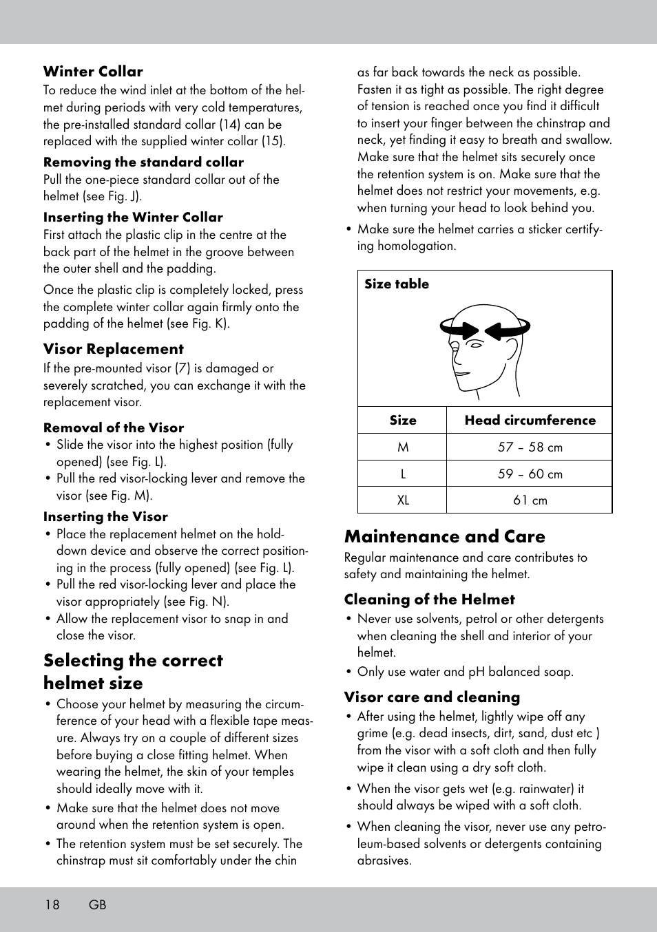 Maintenance and care, Selecting the correct helmet size | Crivit DS-MULTIX301 User Manual | Page 16 / 26