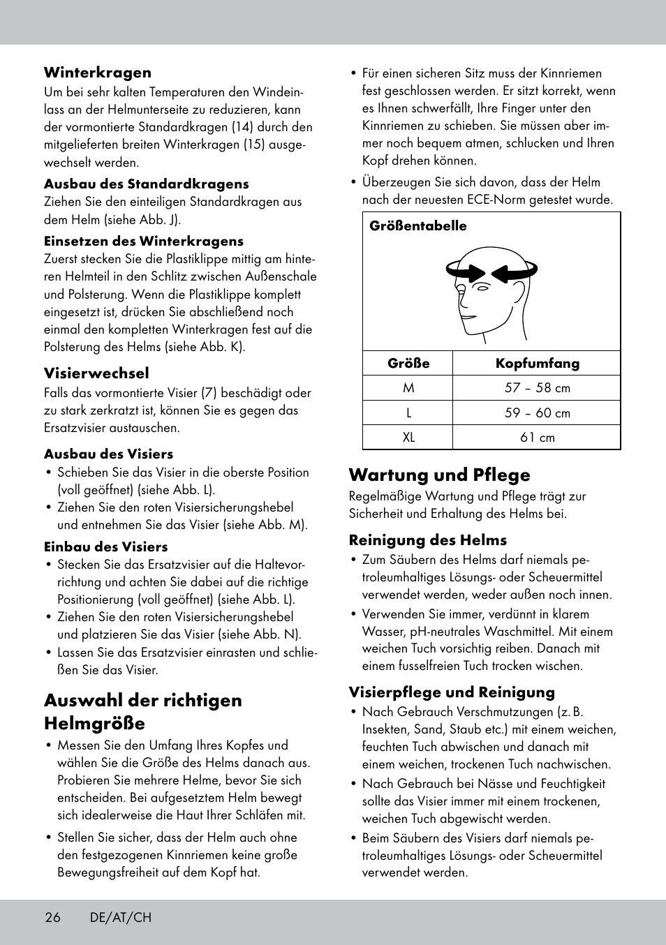 Wartung und pflege, Auswahl der richtigen helmgröße | Crivit DS-MULTIX301 User Manual | Page 24 / 26