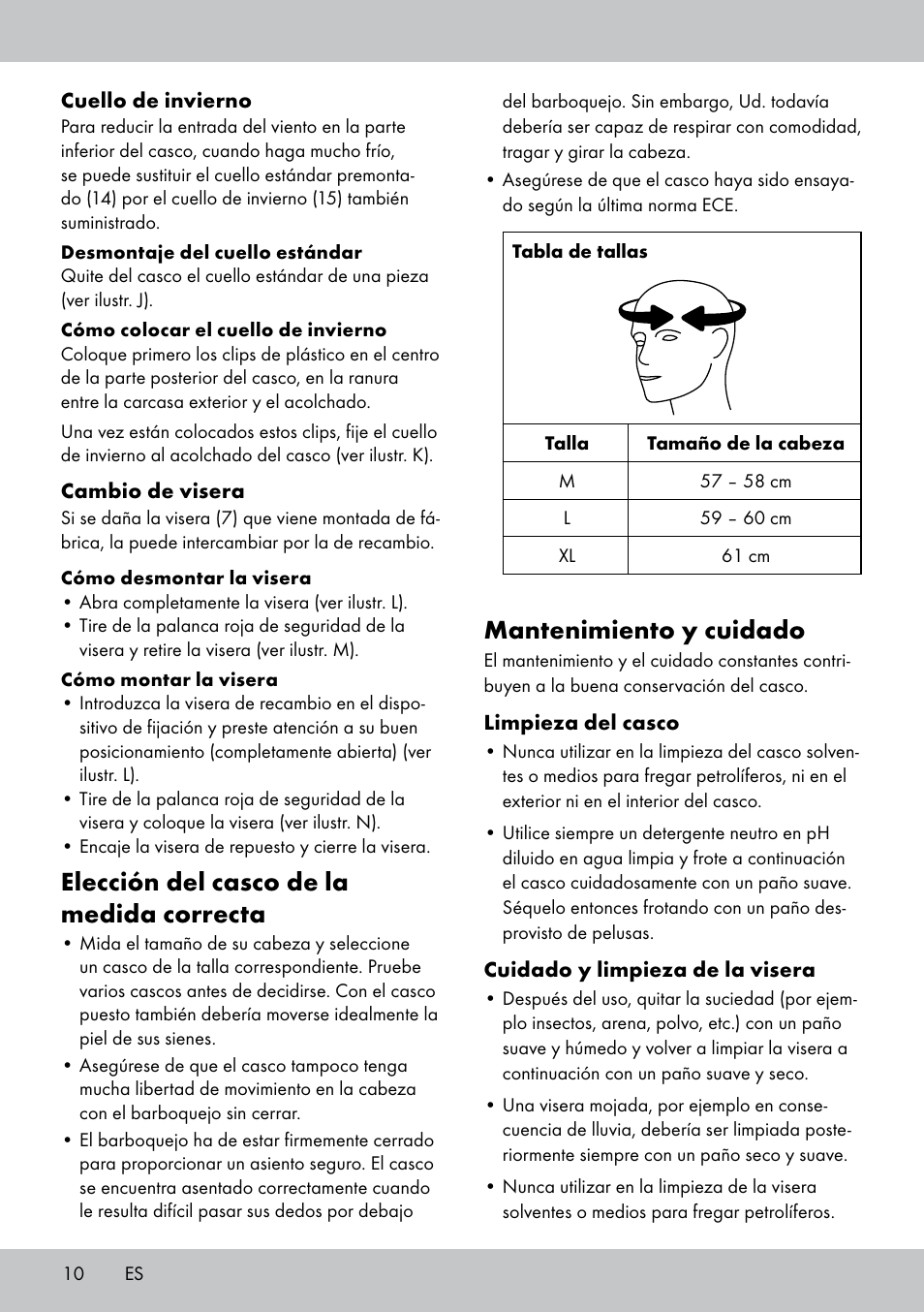 Mantenimiento y cuidado, Elección del casco de la medida correcta | Crivit DS-MULTIX301 User Manual | Page 8 / 26