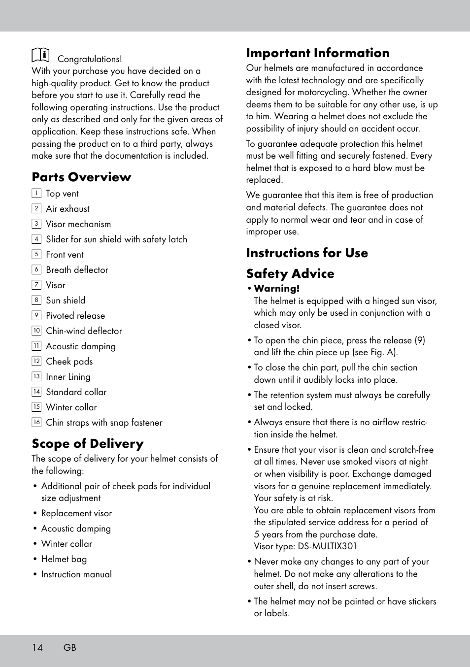 Parts overview, Scope of delivery, Important information | Instructions for use safety advice | Crivit DS-MULTIX301 User Manual | Page 12 / 26