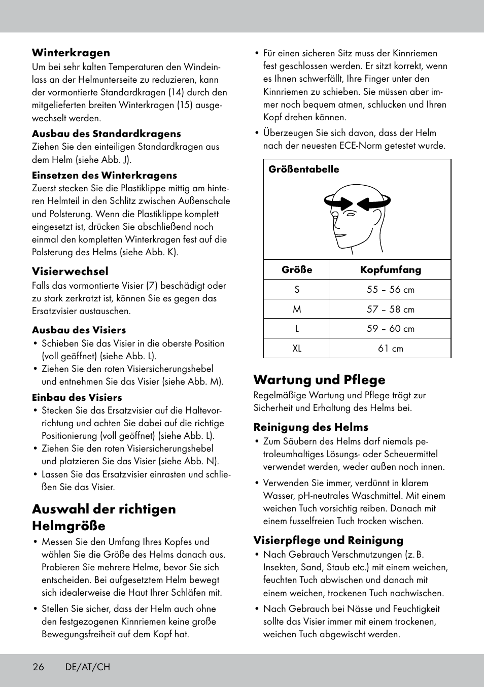 Wartung und pflege, Auswahl der richtigen helmgröße | Crivit DS-MULTIX301 User Manual | Page 24 / 26