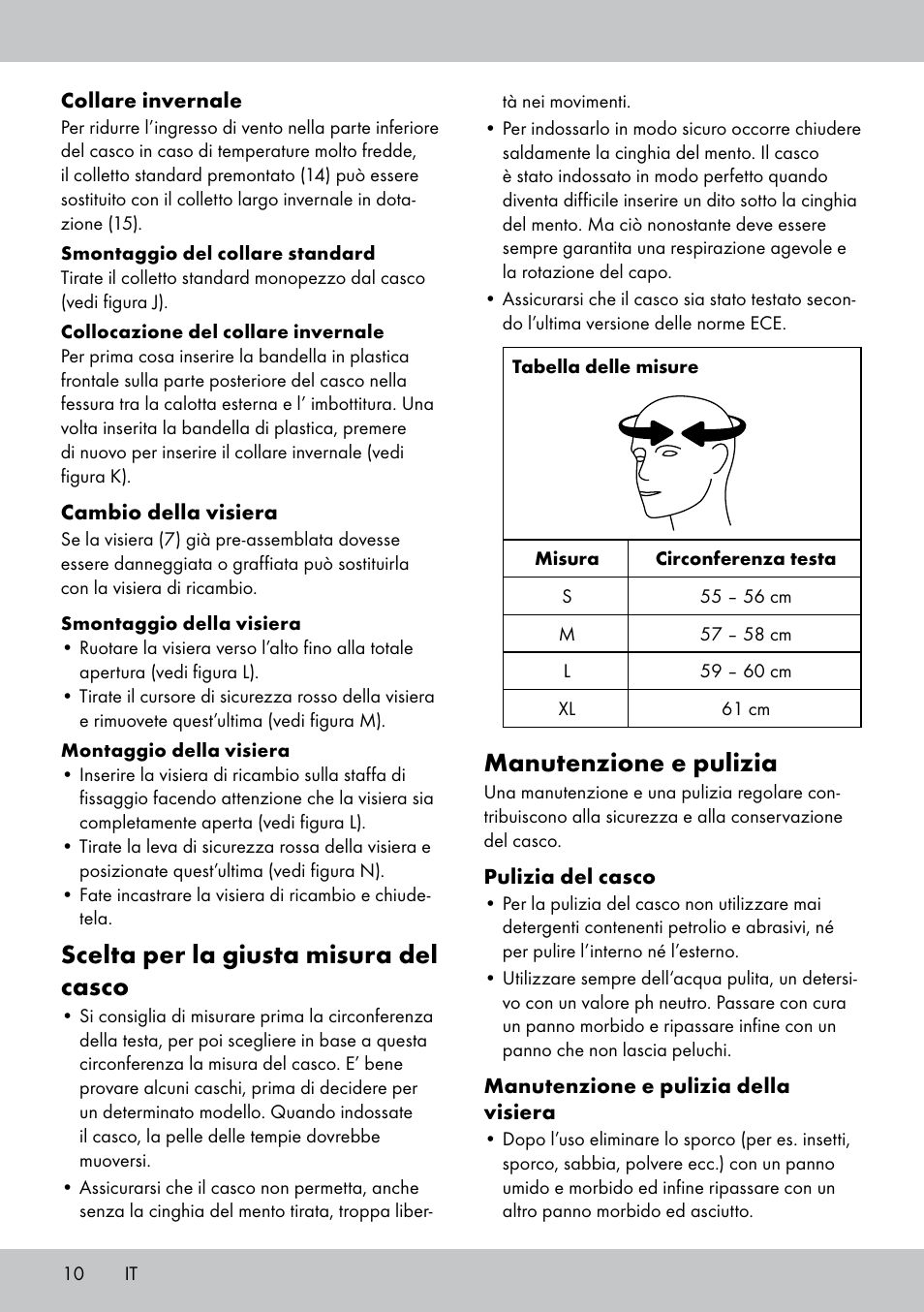Manutenzione e pulizia, Scelta per la giusta misura del casco | Crivit DS-MULTIX301 User Manual | Page 8 / 26