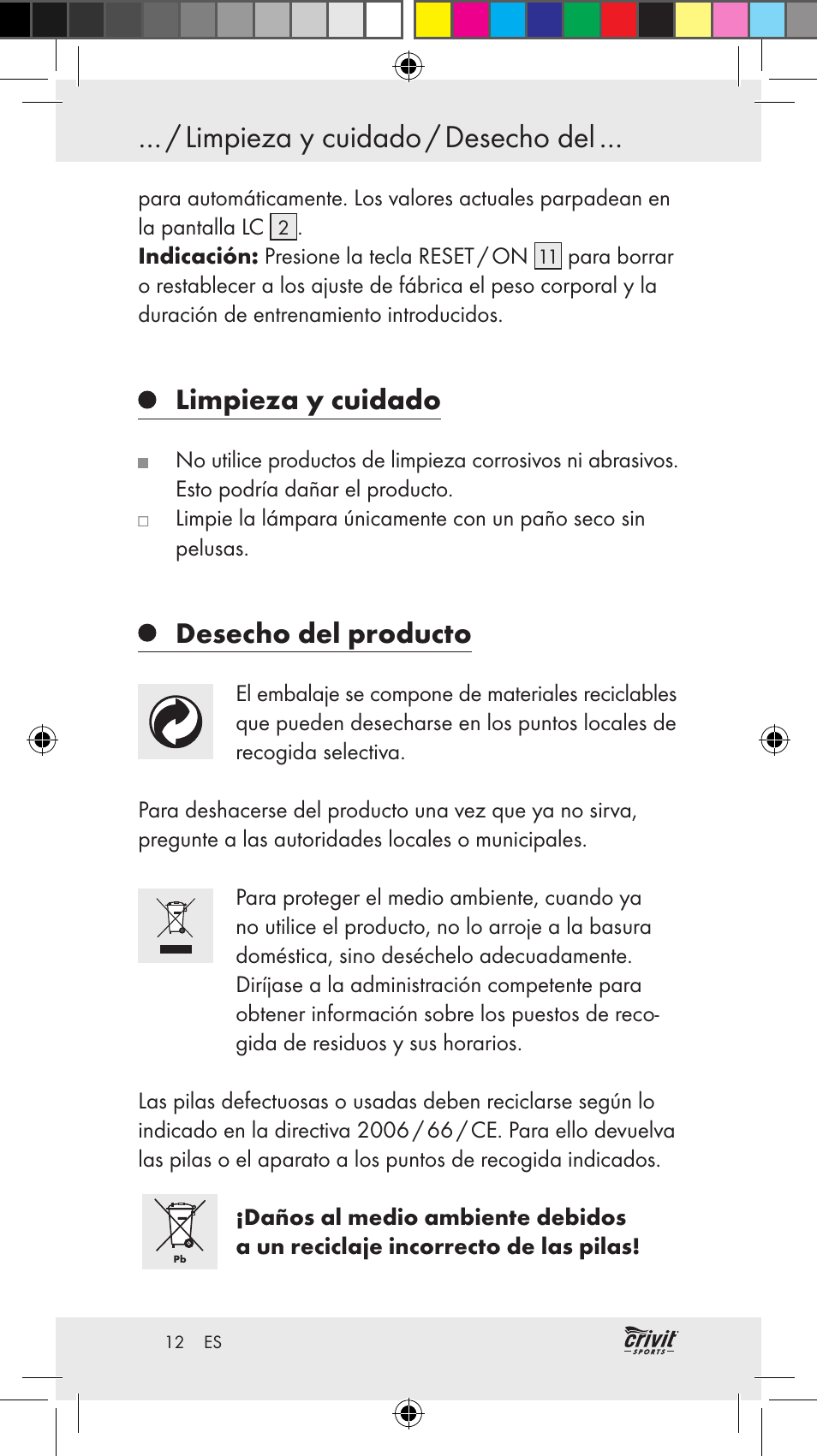 Limpieza y cuidado / desecho del, Limpieza y cuidado, Desecho del producto | Crivit Z31037 User Manual | Page 12 / 46