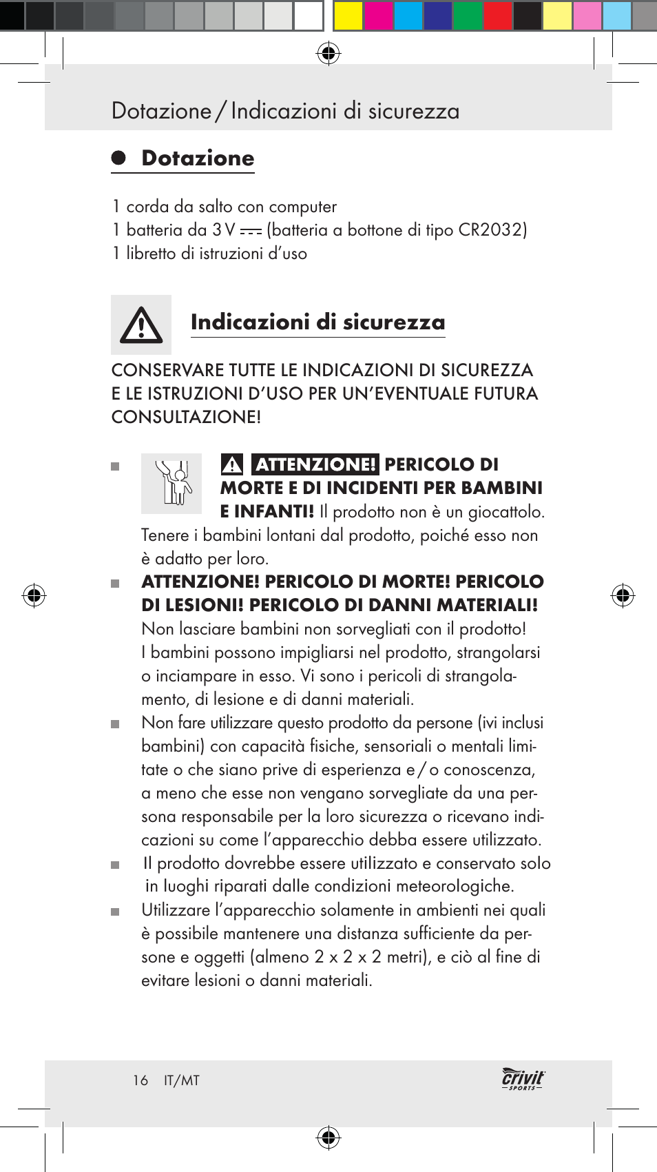 Dotazione / indicazioni di sicurezza, Dotazione, Indicazioni di sicurezza | Crivit Z31037 User Manual | Page 16 / 46