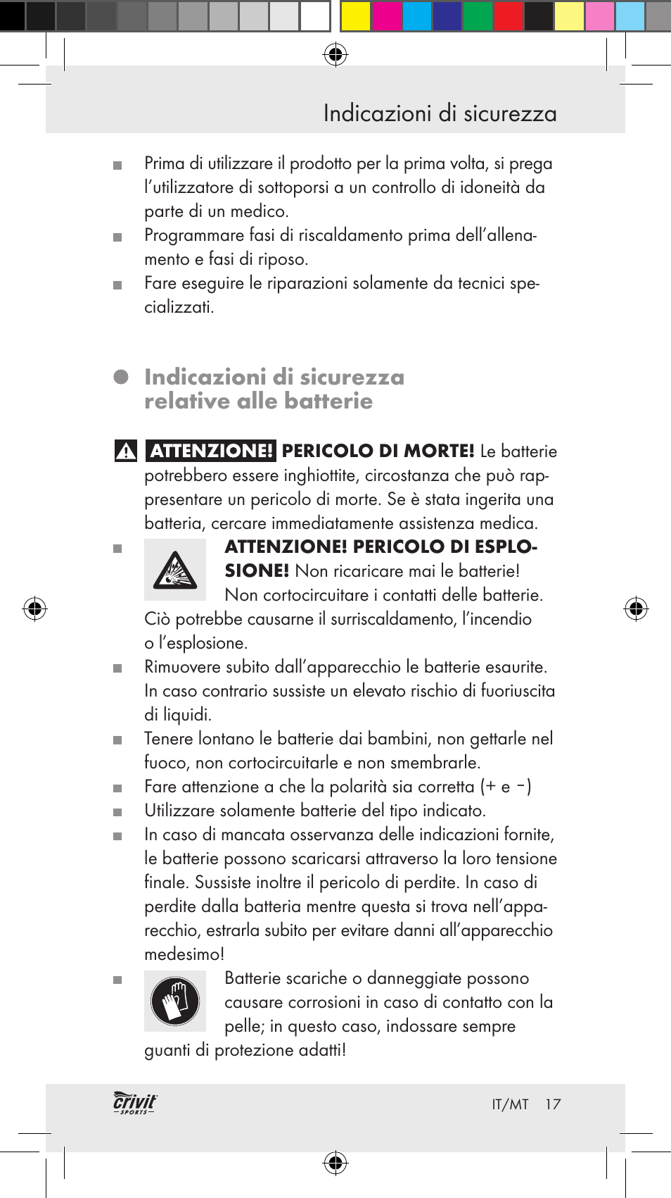 Indicazioni di sicurezza, Indicazioni di sicurezza relative alle batterie | Crivit Z31037 User Manual | Page 17 / 46