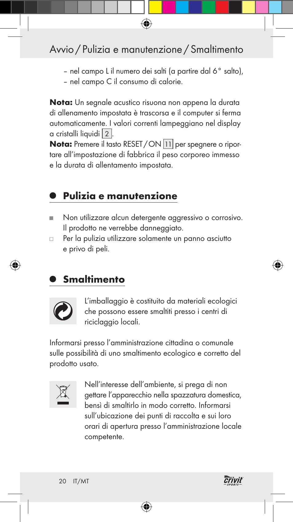 Avvio / pulizia e manutenzione / smaltimento, Pulizia e manutenzione, Smaltimento | Crivit Z31037 User Manual | Page 20 / 46