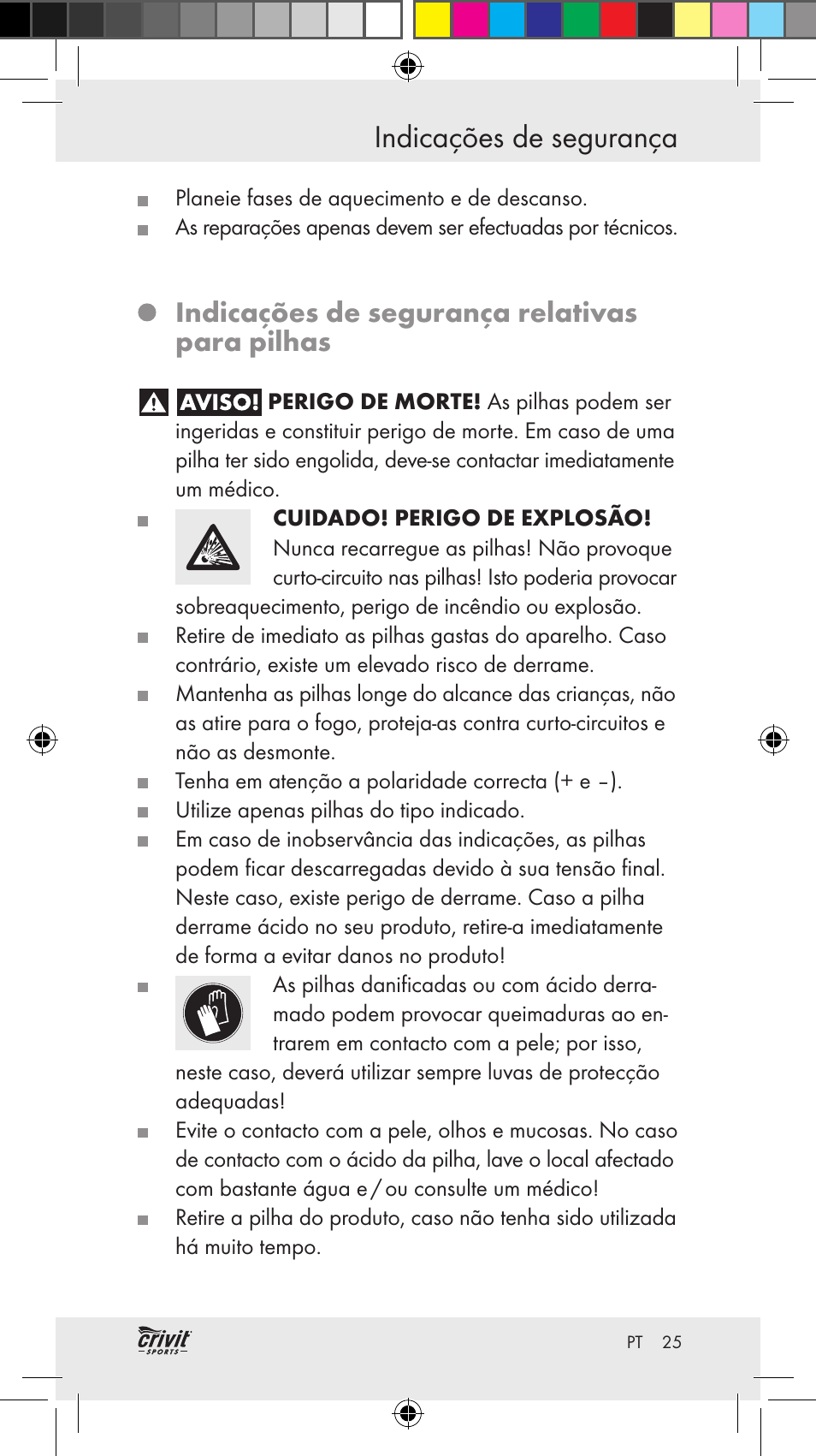 Indicações de segurança, Indicações de segurança relativas para pilhas | Crivit Z31037 User Manual | Page 25 / 46
