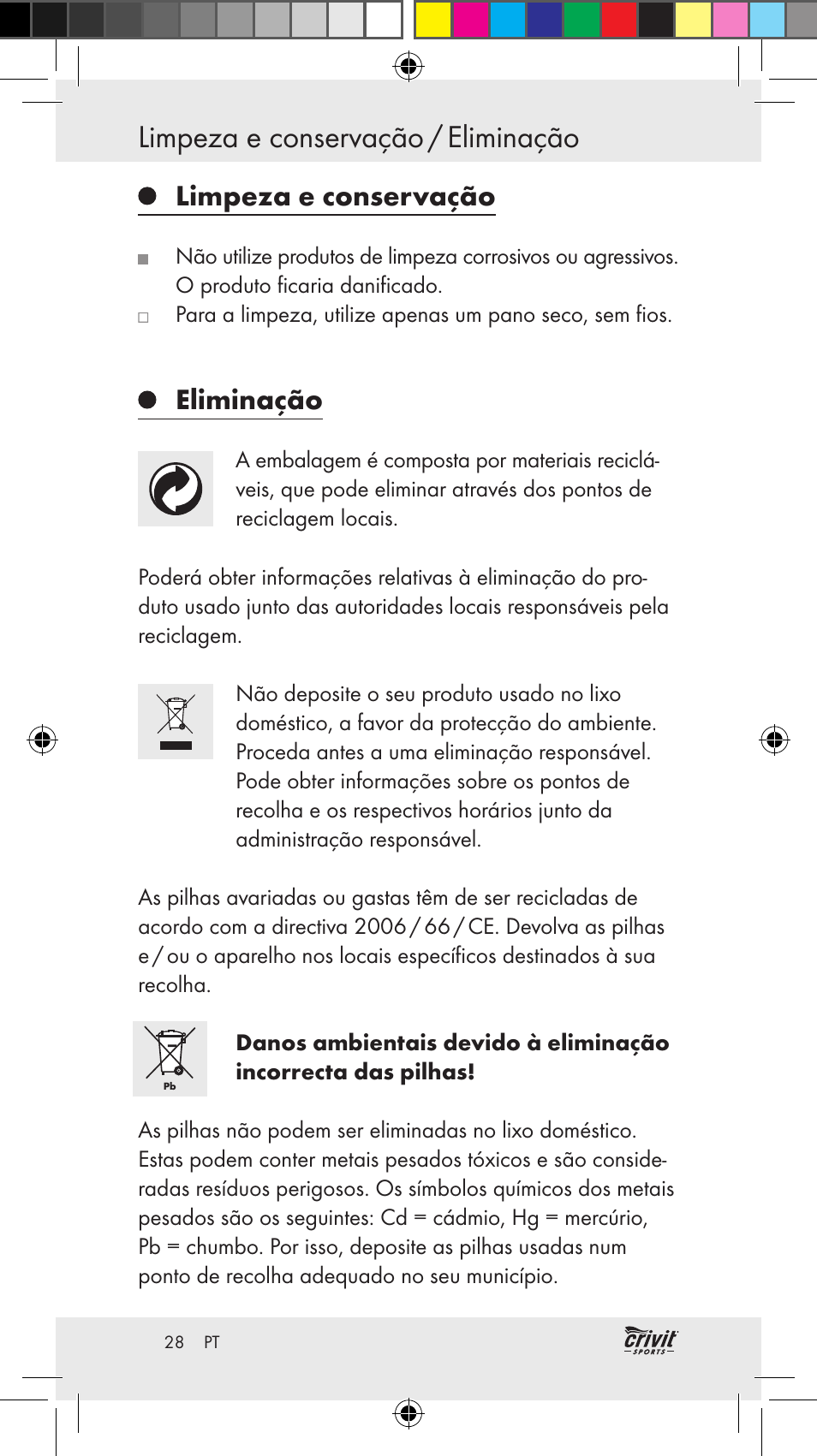 Limpeza e conservação / eliminação, Limpeza e conservação, Eliminação | Crivit Z31037 User Manual | Page 28 / 46