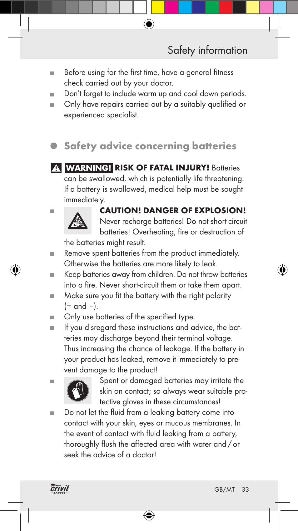 Safety information, Safety advice concerning batteries | Crivit Z31037 User Manual | Page 33 / 46