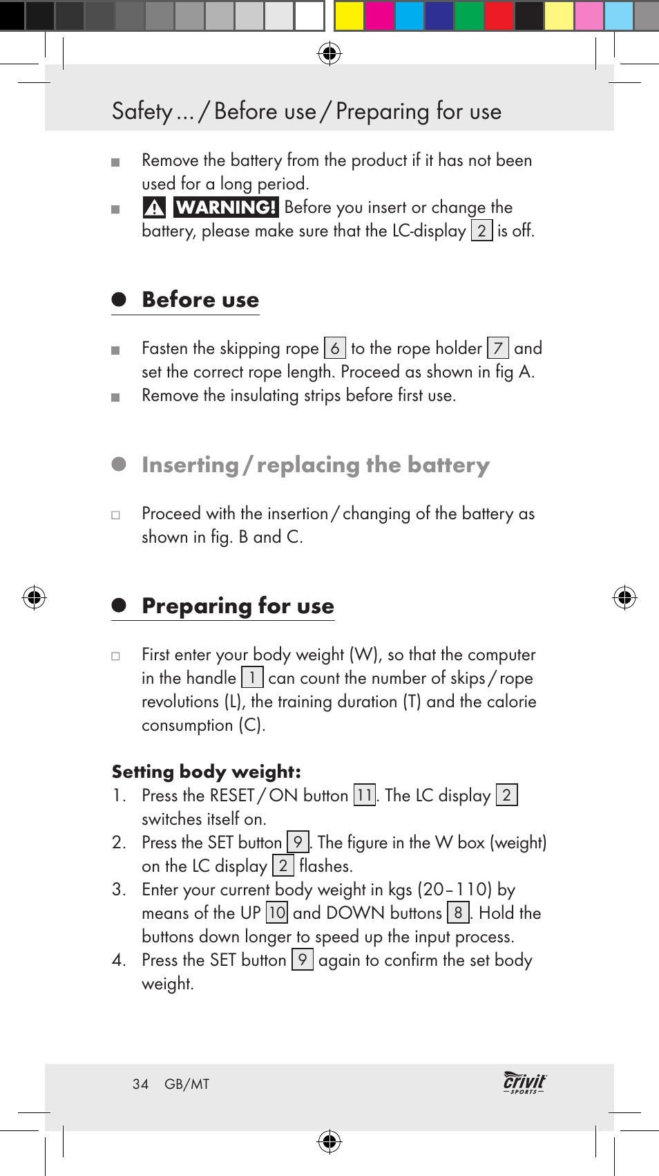 Safety … / before use / preparing for use, Before use, Inserting / replacing the battery | Preparing for use | Crivit Z31037 User Manual | Page 34 / 46