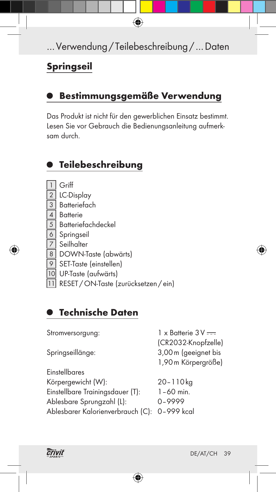 Verwendung / teilebeschreibung / … daten, Springseil bestimmungsgemäße verwendung, Teilebeschreibung | Technische daten | Crivit Z31037 User Manual | Page 39 / 46