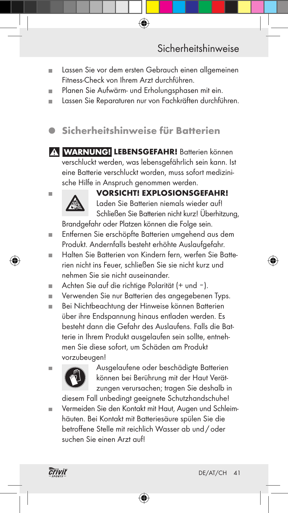 Sicherheitshinweise, Sicherheitshinweise für batterien | Crivit Z31037 User Manual | Page 41 / 46