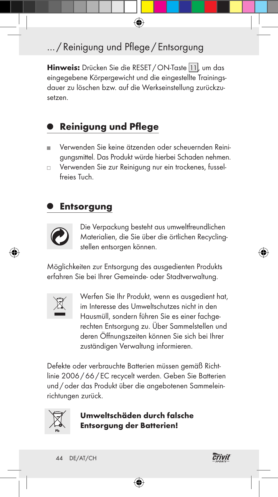 Entsorgung, Reinigung und pflege / entsorgung, Reinigung und pflege | Crivit Z31037 User Manual | Page 44 / 46