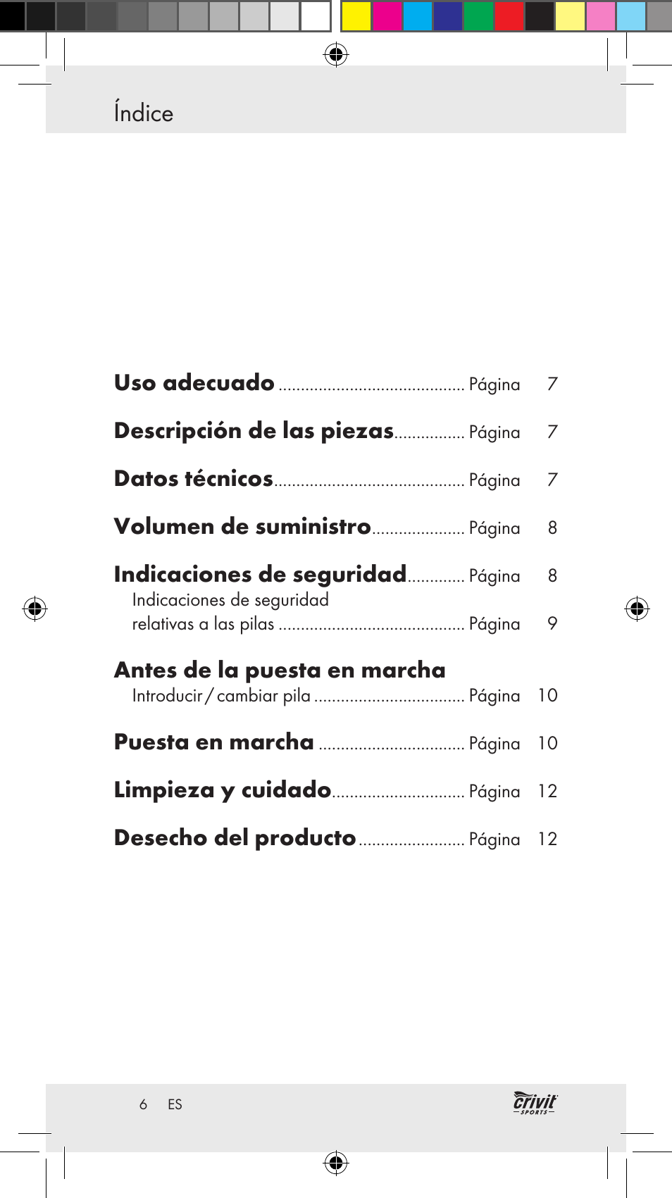 Índice, Uso … / descripción de las … / datos técnicos | Crivit Z31037 User Manual | Page 6 / 46