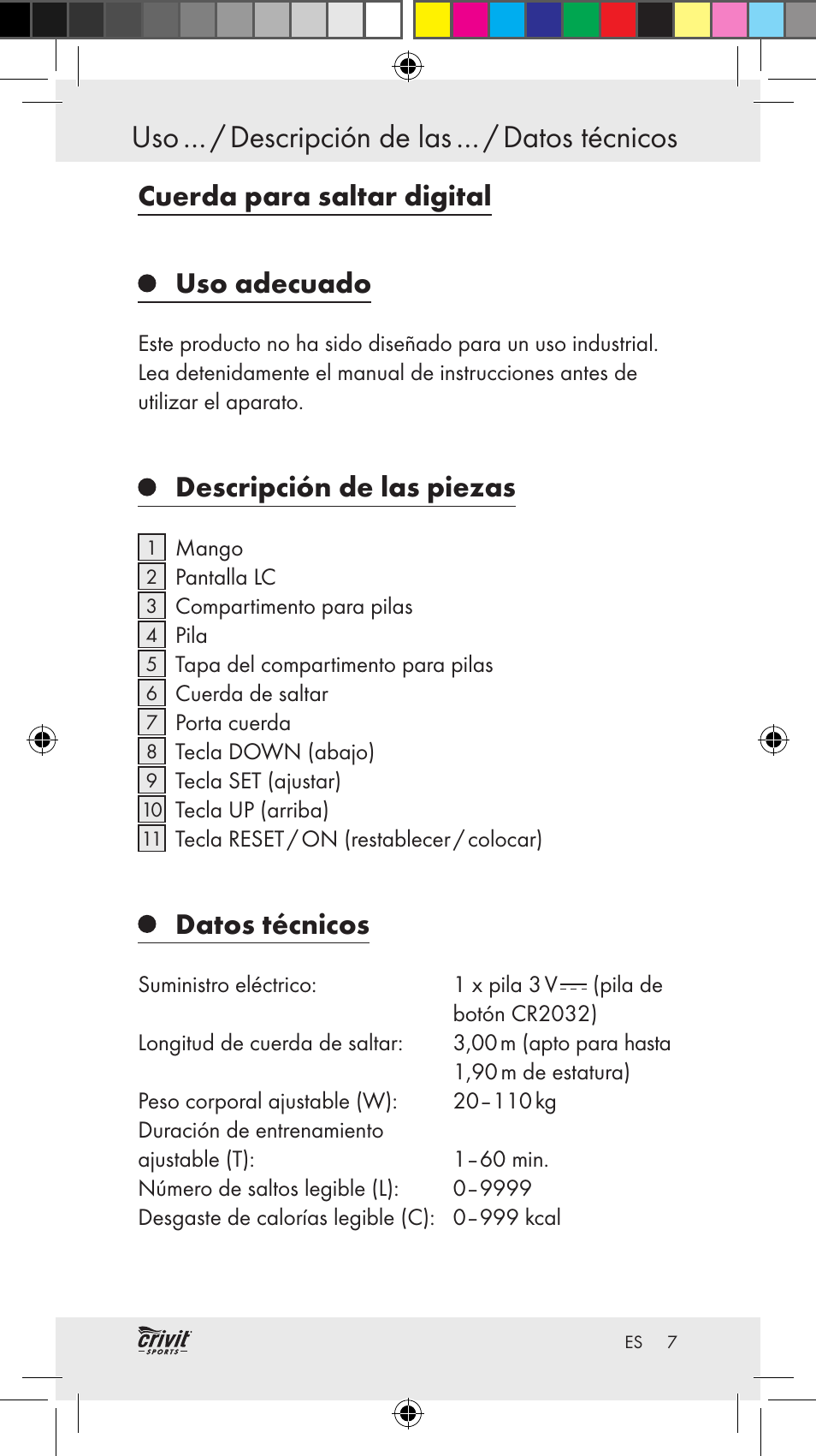 Uso … / descripción de las … / datos técnicos, Cuerda para saltar digital uso adecuado, Descripción de las piezas | Datos técnicos | Crivit Z31037 User Manual | Page 7 / 46