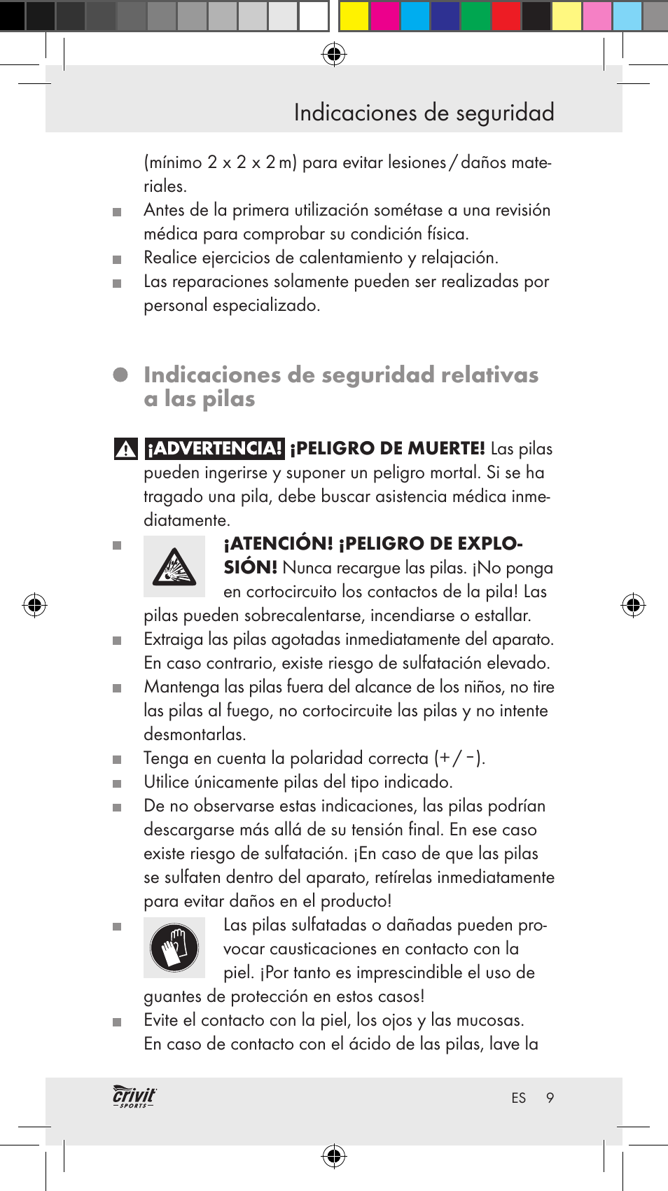 Indicaciones de seguridad, Indicaciones de seguridad relativas a las pilas | Crivit Z31037 User Manual | Page 9 / 46