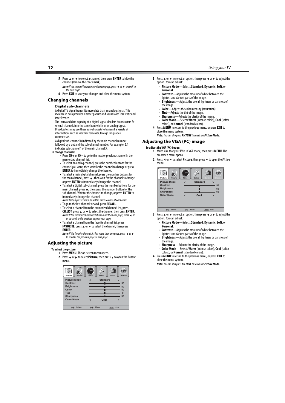 Changing channels, Adjusting the picture, Adjusting the vga (pc) image | Dynex DX-LCD32-09 User Manual | Page 12 / 76