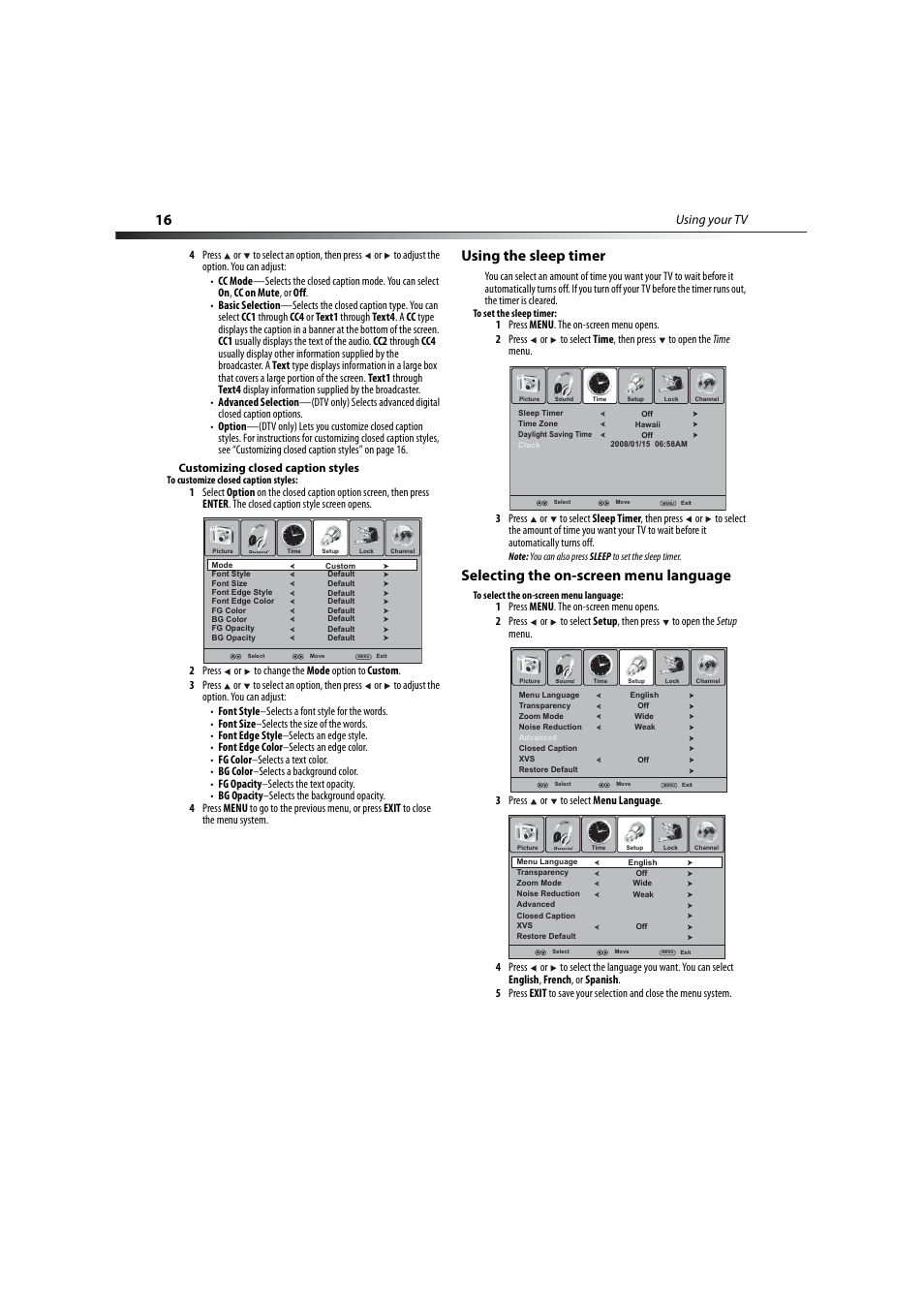 Using the sleep timer, Selecting the on-screen menu language, Using your tv | Dynex DX-LCD32-09 User Manual | Page 16 / 76