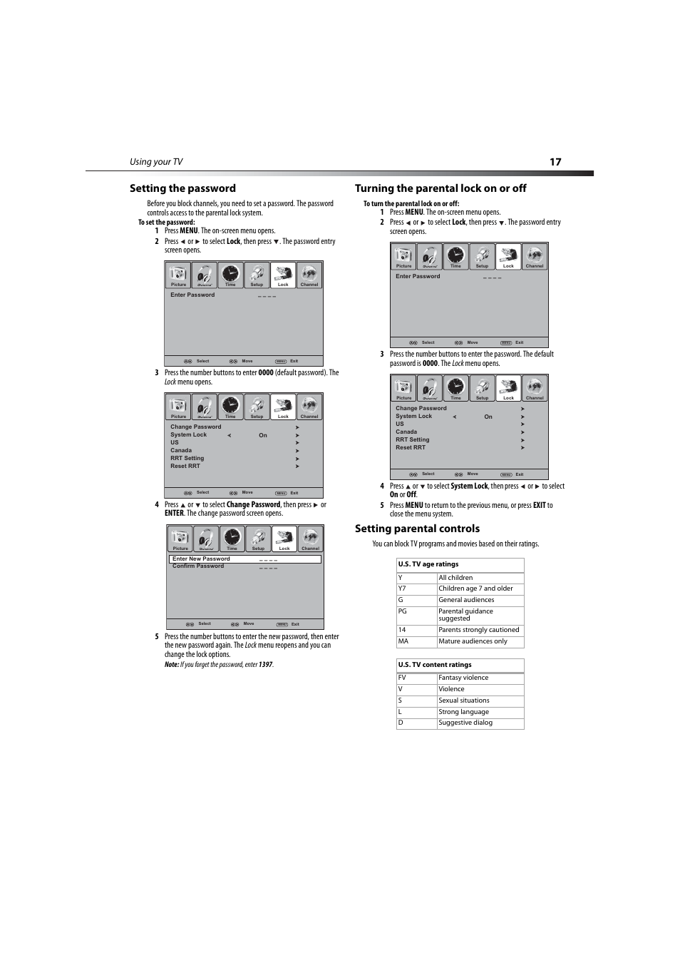 Setting the password, Turning the parental lock on or off, Setting parental controls | 17 setting the password, Using your tv | Dynex DX-LCD32-09 User Manual | Page 17 / 76