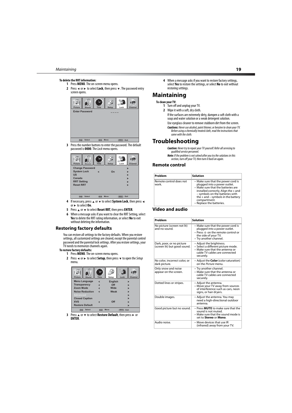 Restoring factory defaults, Maintaining, Troubleshooting | Remote control, Video and audio, Maintaining troubleshooting, Remote control video and audio | Dynex DX-LCD32-09 User Manual | Page 19 / 76