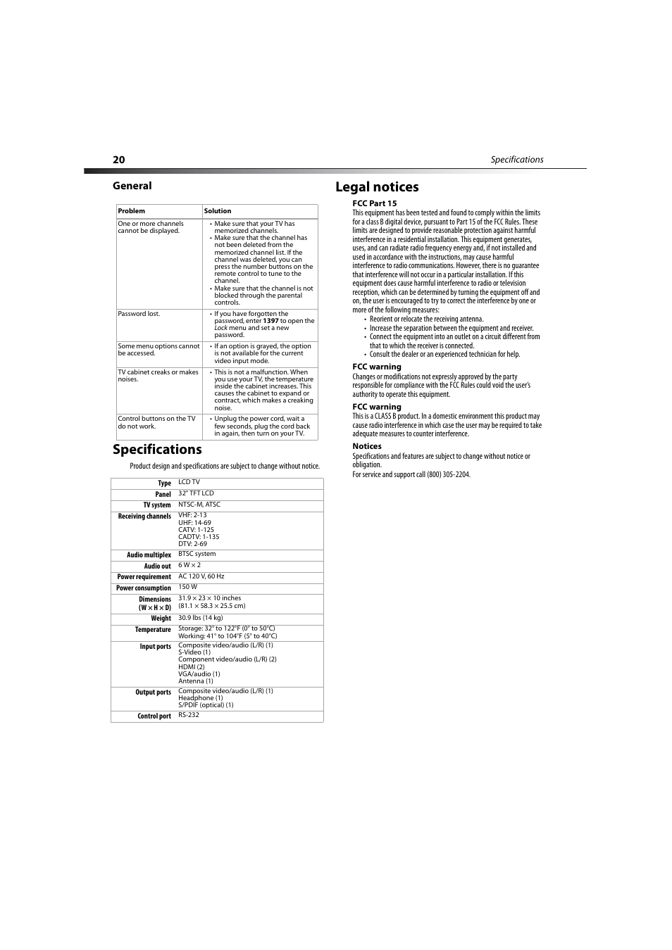 General, Specifications, Legal notices | Specifications legal notices | Dynex DX-LCD32-09 User Manual | Page 20 / 76