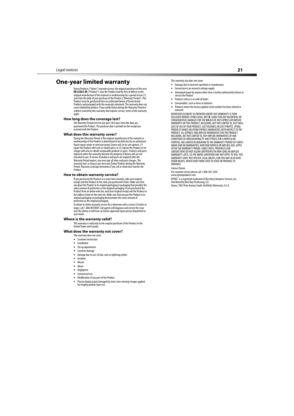 One-year limited warranty | Dynex DX-LCD32-09 User Manual | Page 21 / 76