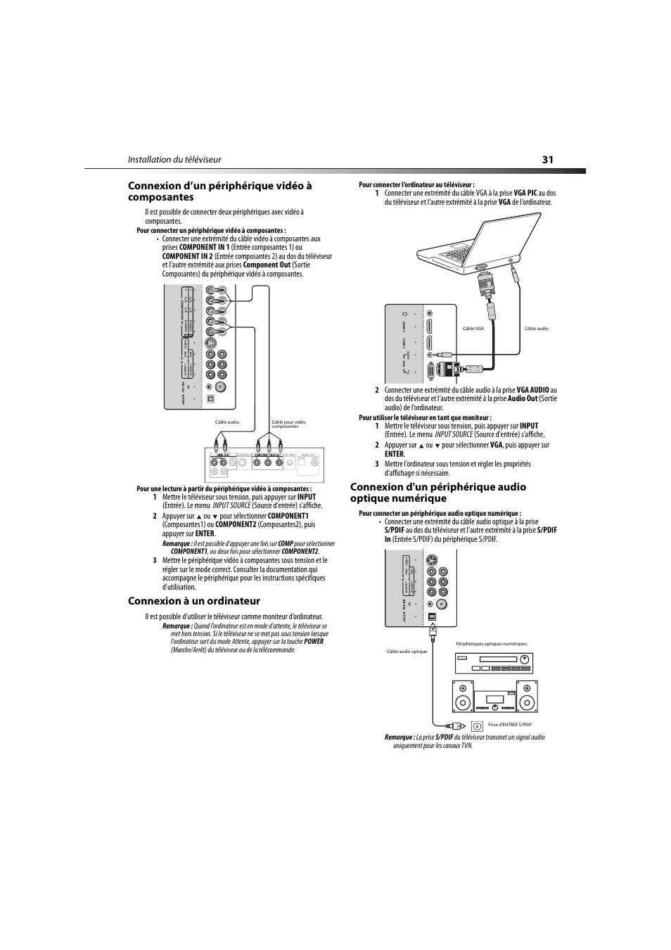 Connexion d’un périphérique vidéo à composantes, Connexion à un ordinateur, 31 connexion d’un périphérique vidéo à composantes | Dynex DX-LCD32-09 User Manual | Page 31 / 76