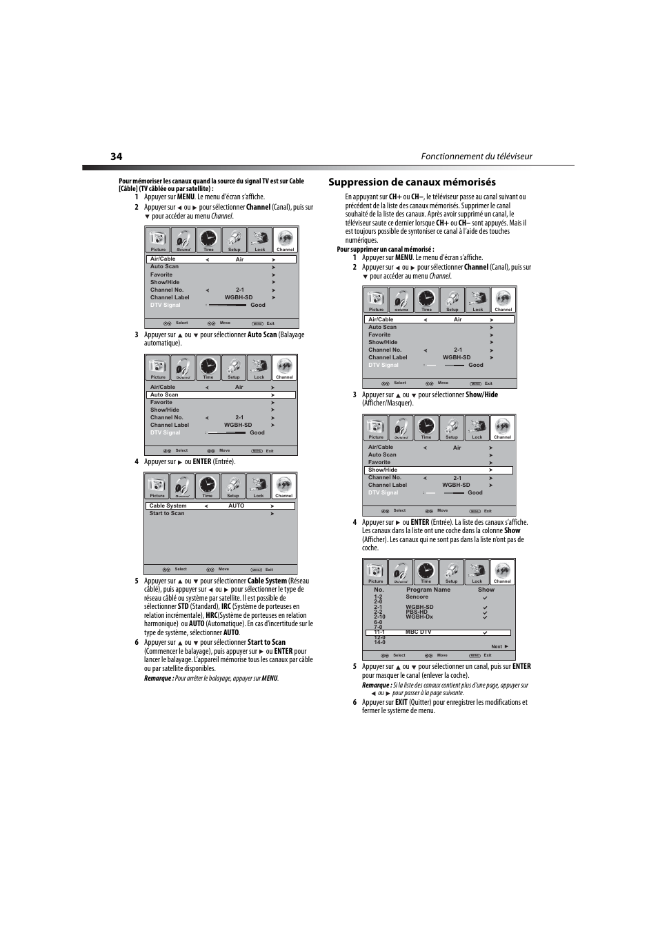 Suppression de canaux mémorisés, Fonctionnement du téléviseur | Dynex DX-LCD32-09 User Manual | Page 34 / 76