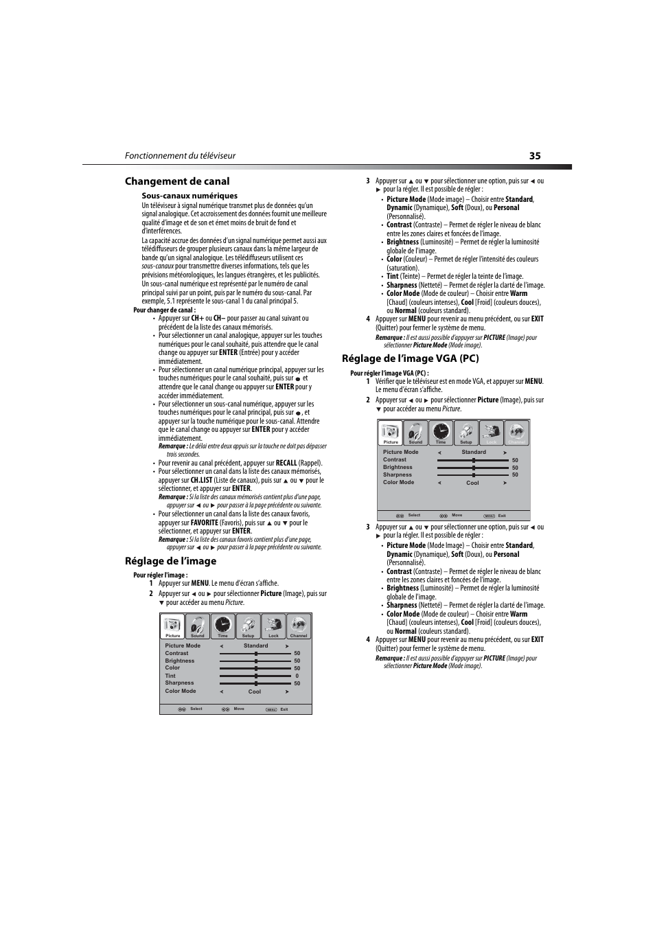 Changement de canal, Réglage de l’image, Réglage de l’image vga (pc) | 35 changement de canal | Dynex DX-LCD32-09 User Manual | Page 35 / 76