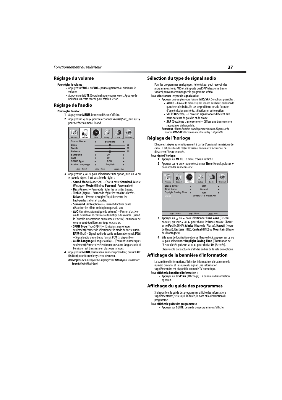 Réglage du volume, Réglage de l'audio, Sélection du type de signal audio | Réglage de l’horloge, Affichage de la bannière d'information, Affichage du guide des programmes, 37 réglage du volume | Dynex DX-LCD32-09 User Manual | Page 37 / 76