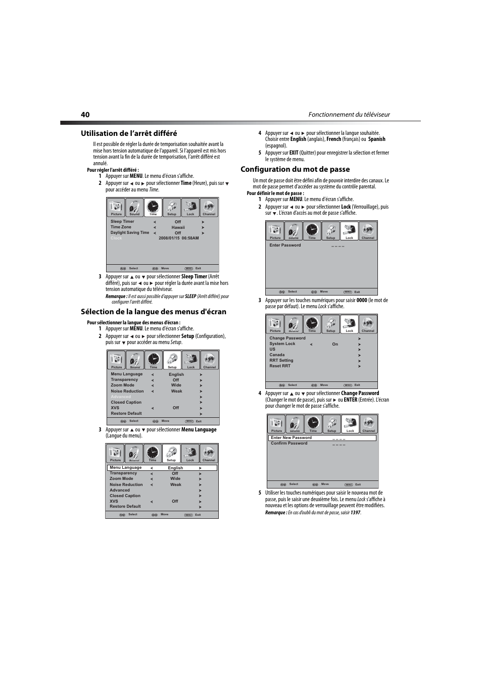 Utilisation de l’arrêt différé, Sélection de la langue des menus d'écran, Configuration du mot de passe | Fonctionnement du téléviseur | Dynex DX-LCD32-09 User Manual | Page 40 / 76