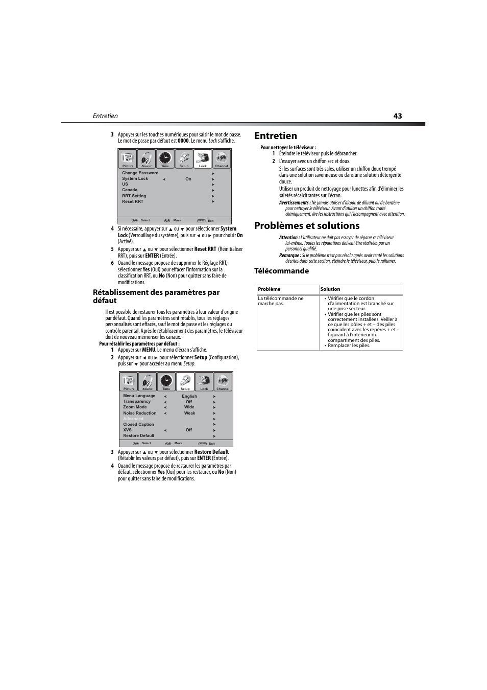 Rétablissement des paramètres par défaut, Entretien, Problèmes et solutions | Télécommande, Entretien problèmes et solutions | Dynex DX-LCD32-09 User Manual | Page 43 / 76