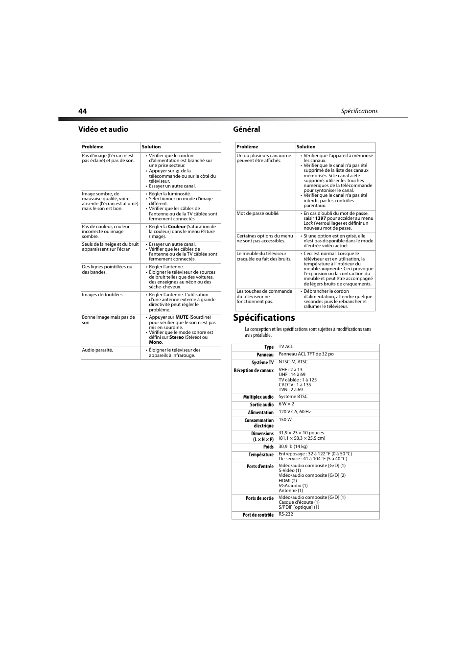 Vidéo et audio, Général, Spécifications | Vidéo et audio général | Dynex DX-LCD32-09 User Manual | Page 44 / 76