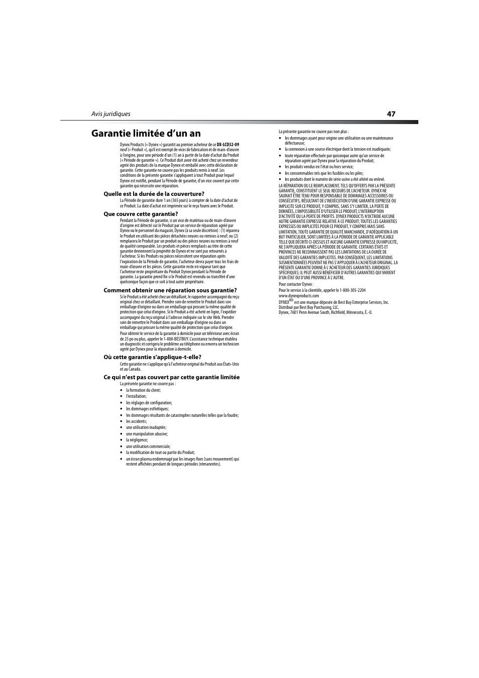 Garantie limitée d’un an | Dynex DX-LCD32-09 User Manual | Page 47 / 76